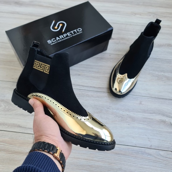 Black Gold Chelsea Boots, Greek Pattern Boots main image 5